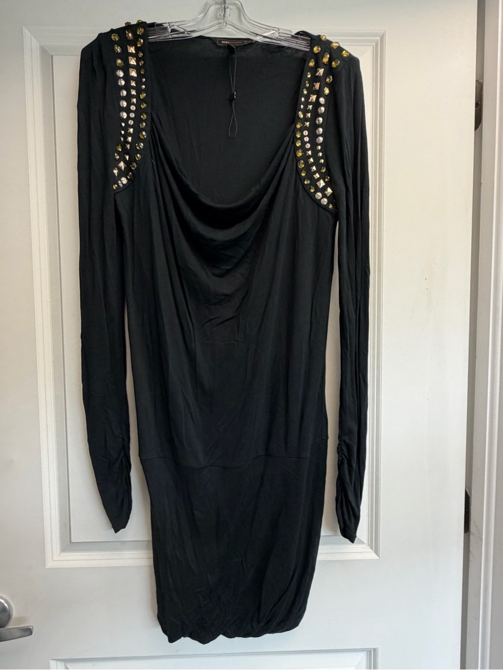 BCBGMaxAzria Black Long-Sleeve Drape Neck Dress with Gold Stud Accents
